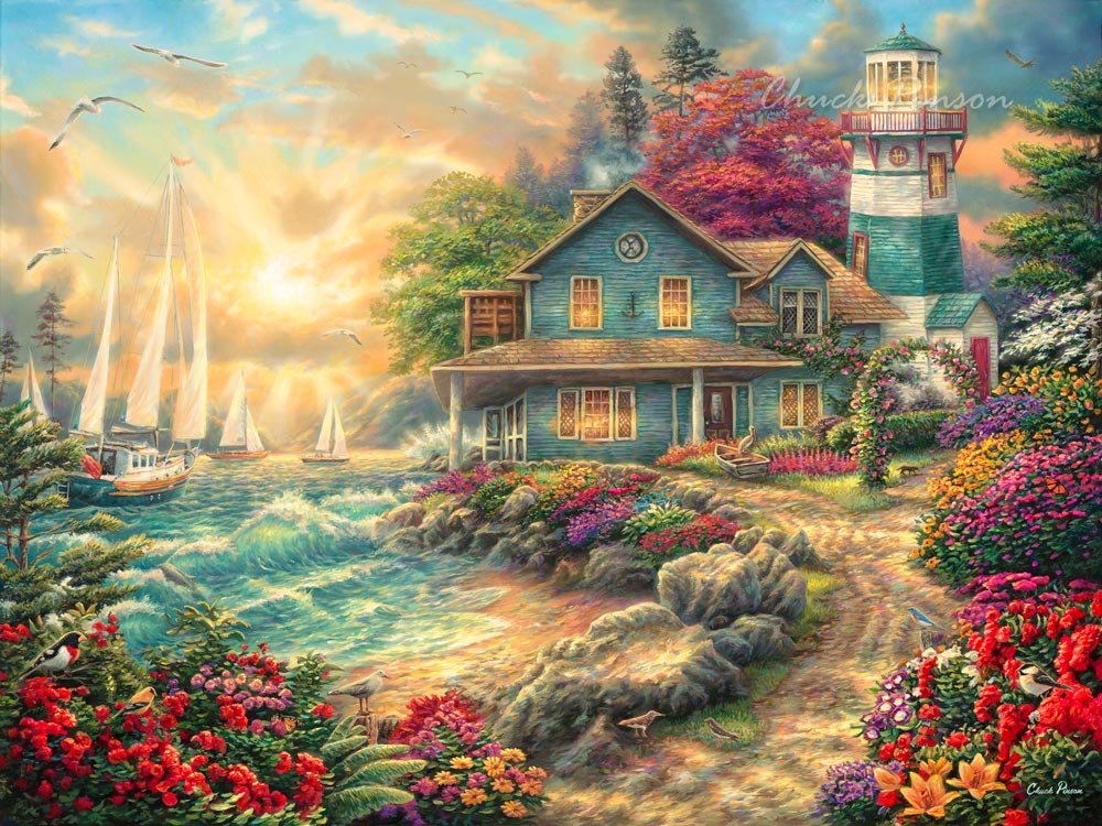 Realistic cottage and lighthouse painting