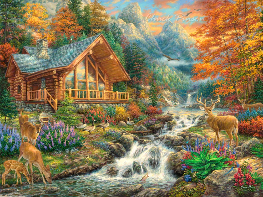 Unique oil painting of deer and cabin