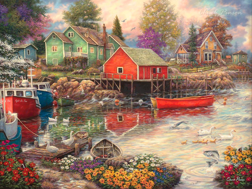 Shaker cottage fishing village painting